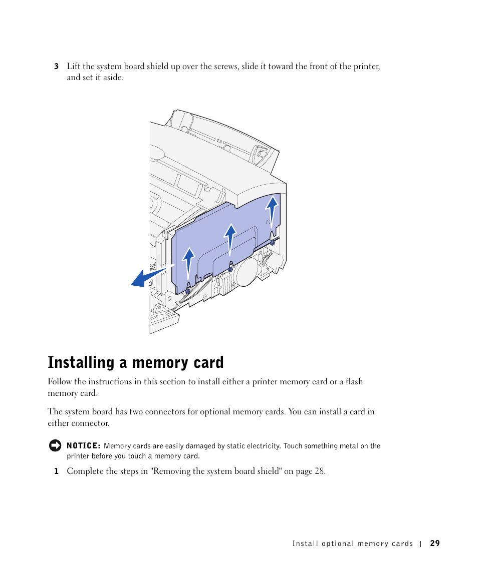 Installing a memorycard, Installing a memory card | Dell P1500 Personal Mono Laser Printer User Manual | Page 29 / 100