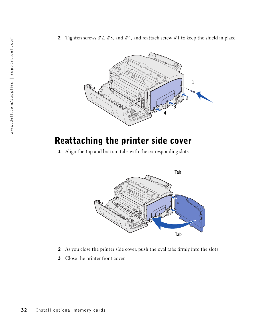 Reattaching the printer side cover | Dell P1500 Personal Mono Laser Printer User Manual | Page 32 / 100