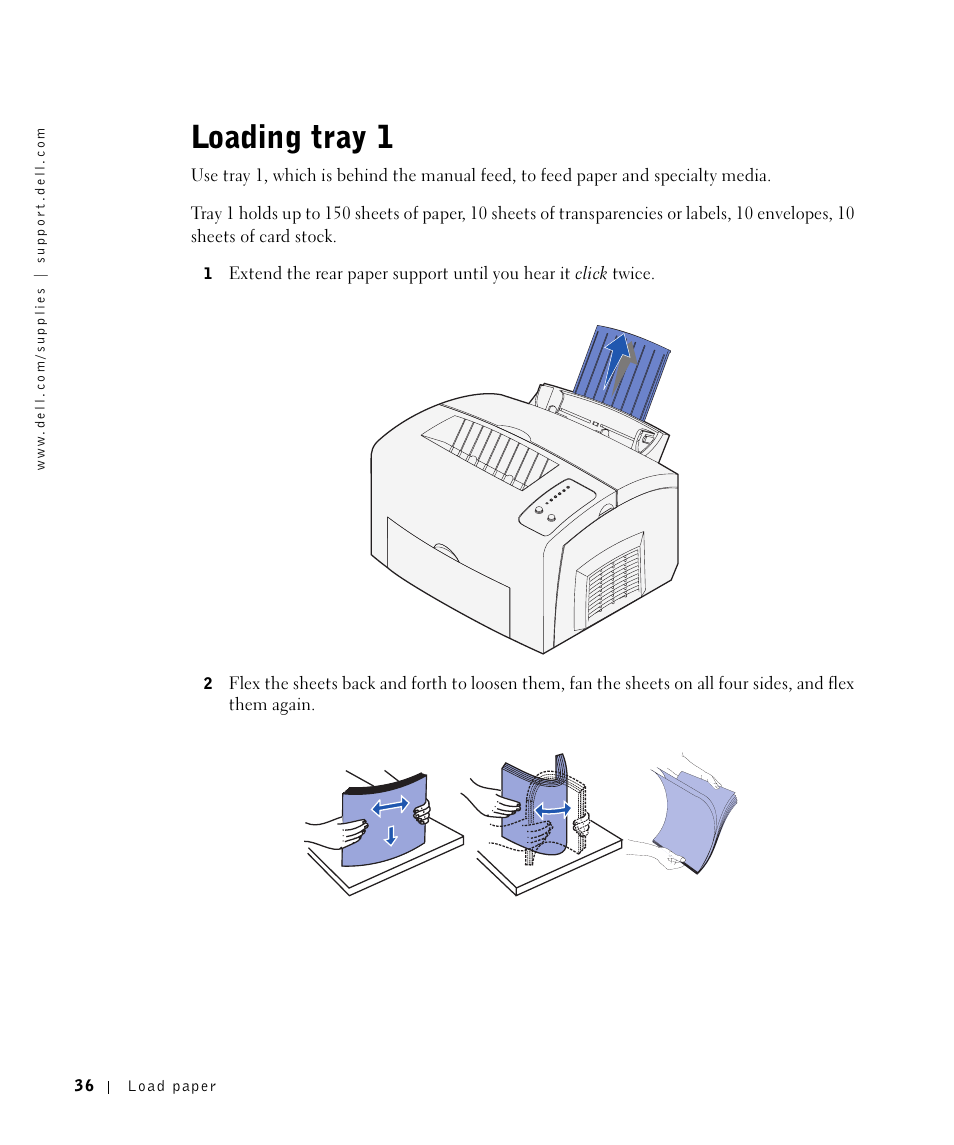 Loading tray 1 | Dell P1500 Personal Mono Laser Printer User Manual | Page 36 / 100