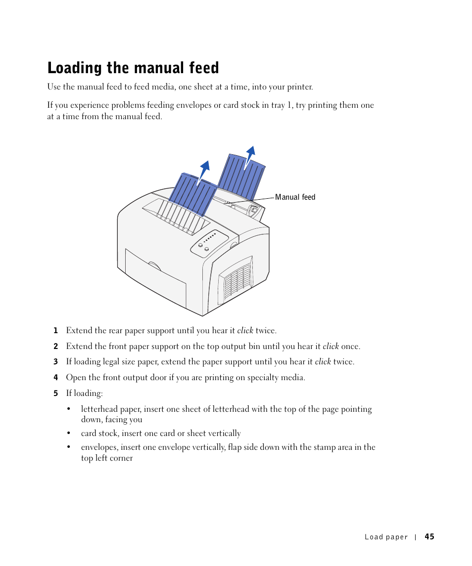 Loading the manualfeed, Loading the manual feed | Dell P1500 Personal Mono Laser Printer User Manual | Page 45 / 100