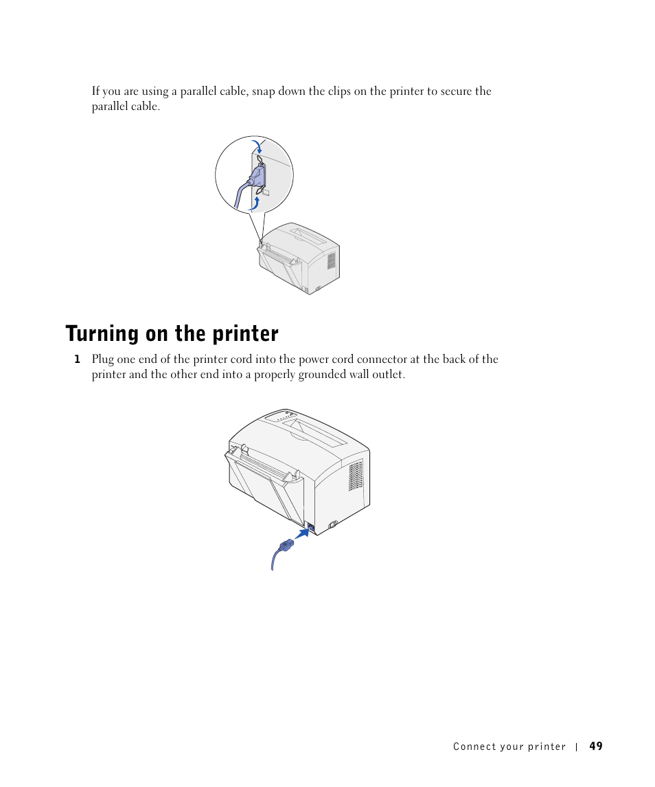 Turning on theprinter, Turning on the printer | Dell P1500 Personal Mono Laser Printer User Manual | Page 49 / 100