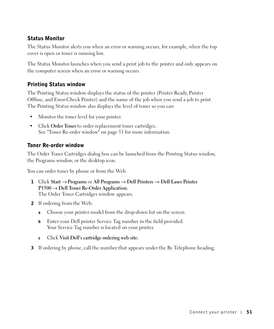 Status monitor, Printing status window, Toner re-order window | Dell P1500 Personal Mono Laser Printer User Manual | Page 51 / 100