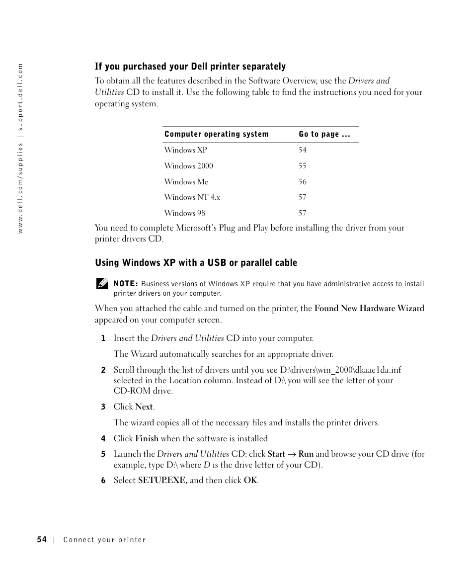 If you purchased your dell printer separately, Using windowsxp with ausbor parallelcable, Using windows xp with a usb or parallel cable | Dell P1500 Personal Mono Laser Printer User Manual | Page 54 / 100