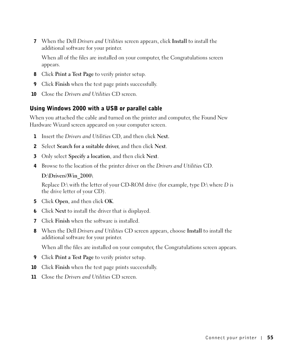 Using windows2000 with ausbor parallelcable, Using windows 2000 with a usb or parallel cable | Dell P1500 Personal Mono Laser Printer User Manual | Page 55 / 100