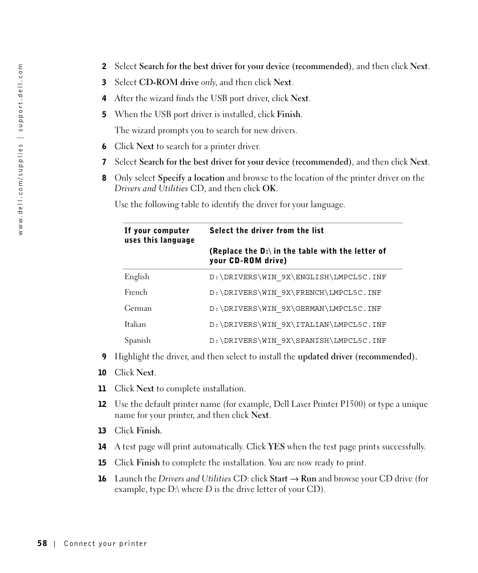 Dell P1500 Personal Mono Laser Printer User Manual | Page 58 / 100