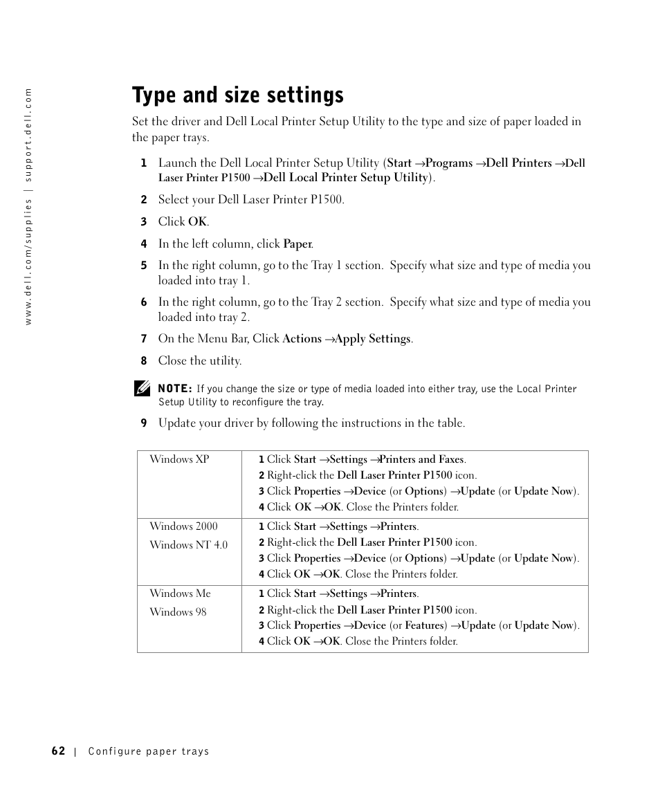 Type and size settings | Dell P1500 Personal Mono Laser Printer User Manual | Page 62 / 100