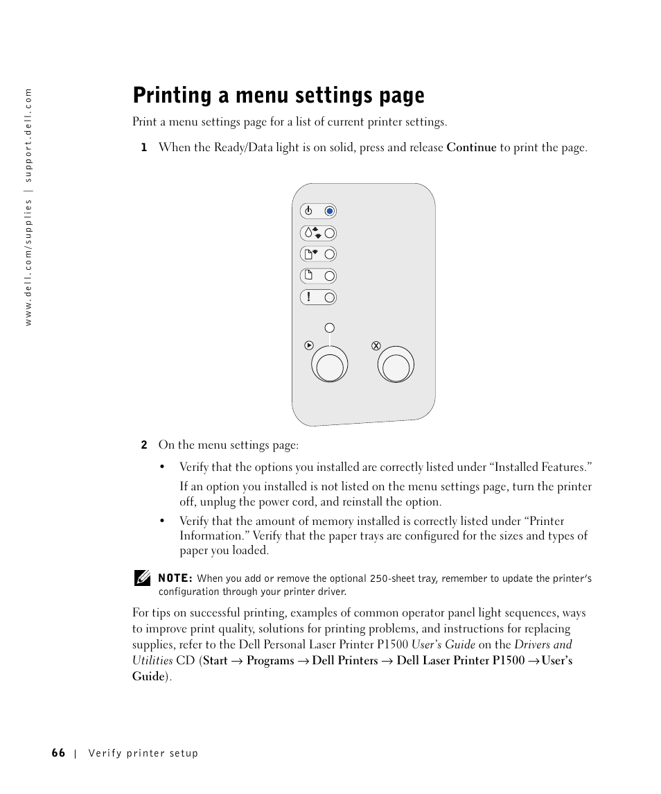 Printing a menu settings page | Dell P1500 Personal Mono Laser Printer User Manual | Page 66 / 100