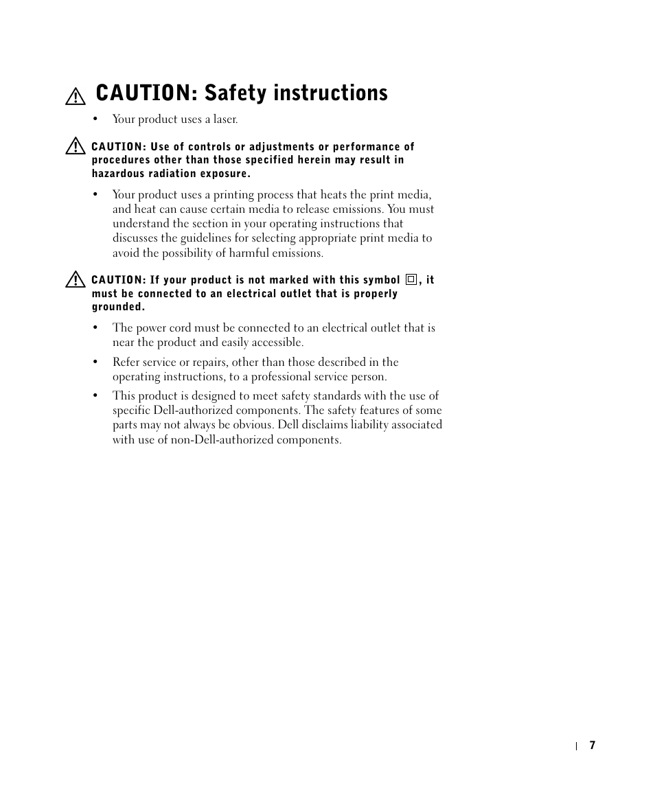 Caution: safety instructions | Dell P1500 Personal Mono Laser Printer User Manual | Page 7 / 100