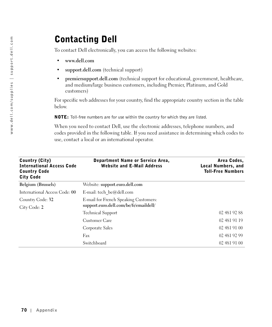 Contacting dell | Dell P1500 Personal Mono Laser Printer User Manual | Page 70 / 100