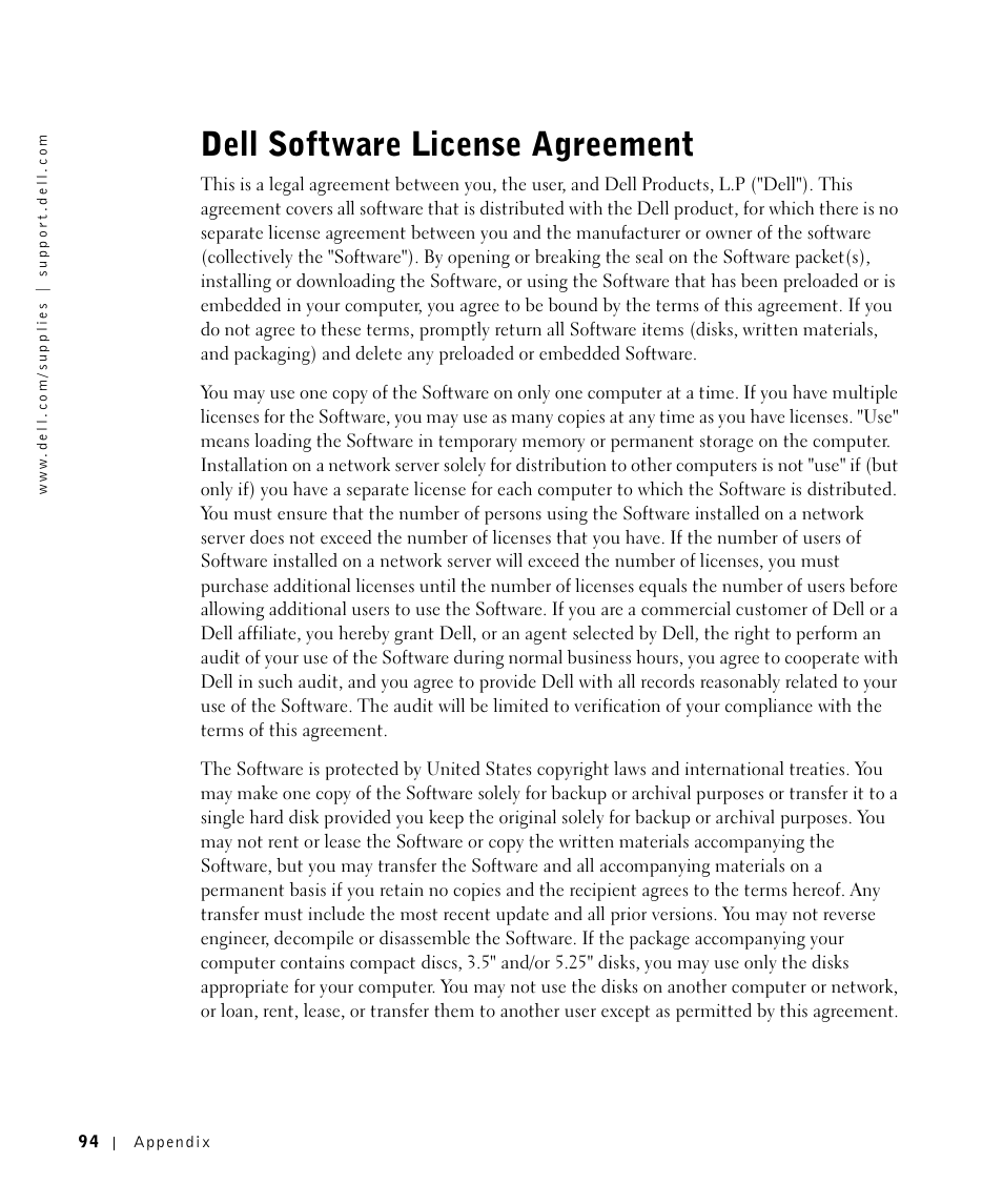 Dell software license agreement | Dell P1500 Personal Mono Laser Printer User Manual | Page 94 / 100