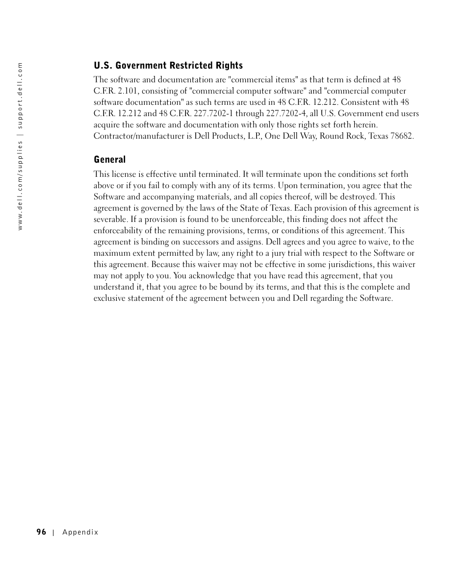 U.s. government restricted rights, General | Dell P1500 Personal Mono Laser Printer User Manual | Page 96 / 100