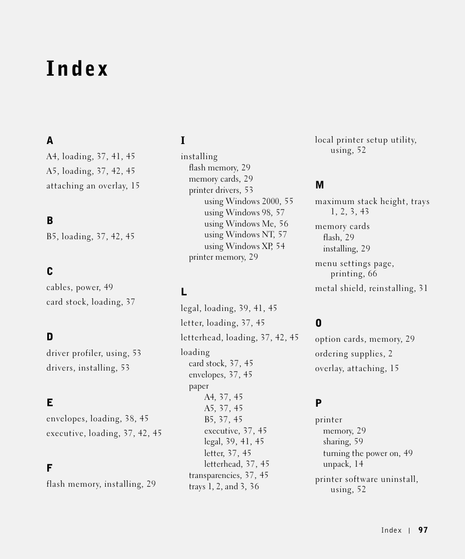 Index | Dell P1500 Personal Mono Laser Printer User Manual | Page 97 / 100