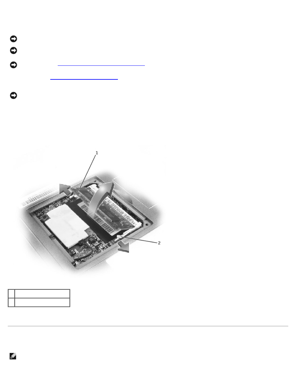 Removing the memory modules, Replacing the memory modules | Dell Latitude C400 User Manual | Page 13 / 41