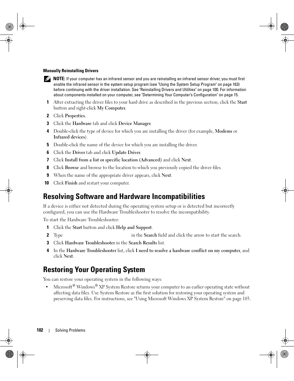 Resolving software and hardware incompatibilities, Restoring your operating system | Dell Inspiron 6400 User Manual | Page 102 / 186