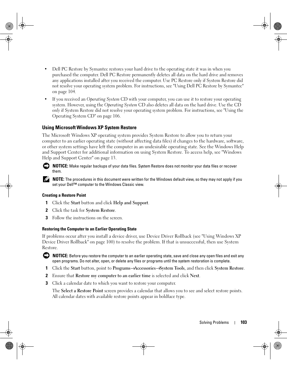 Using microsoft windows xp system restore, Using microsoft, E (see "using microsoft | Structions, see "using microsoft | Dell Inspiron 6400 User Manual | Page 103 / 186