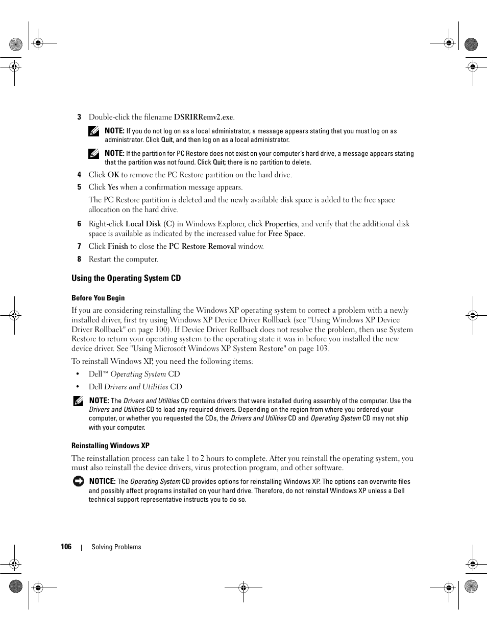Using the operating system cd | Dell Inspiron 6400 User Manual | Page 106 / 186