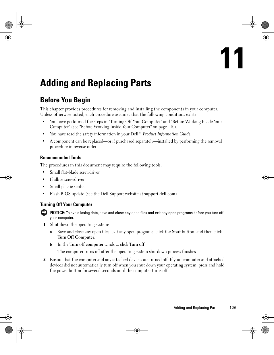Adding and replacing parts, Before you begin, Recommended tools | Turning off your computer | Dell Inspiron 6400 User Manual | Page 109 / 186