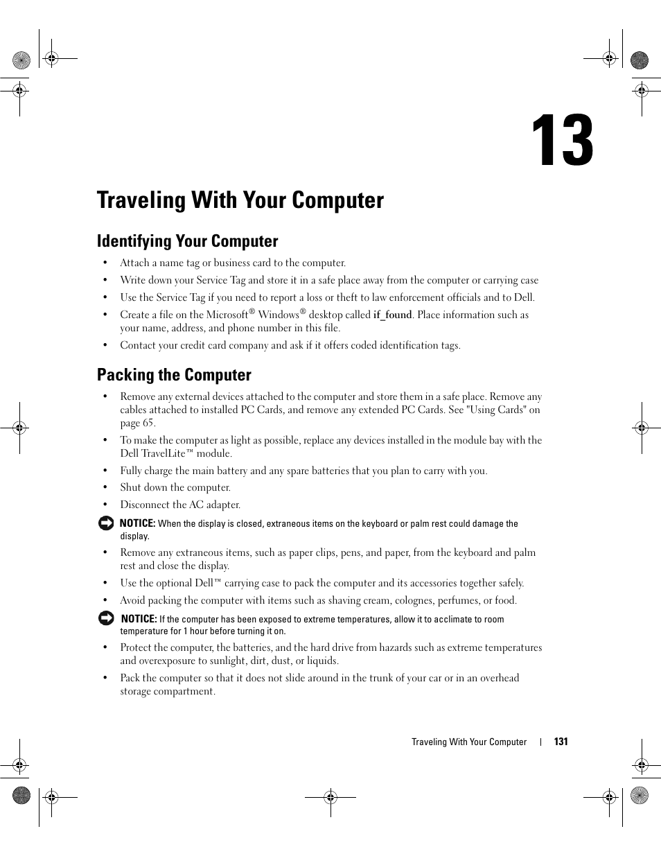 Traveling with your computer, Identifying your computer, Packing the computer | Dell Inspiron 6400 User Manual | Page 131 / 186