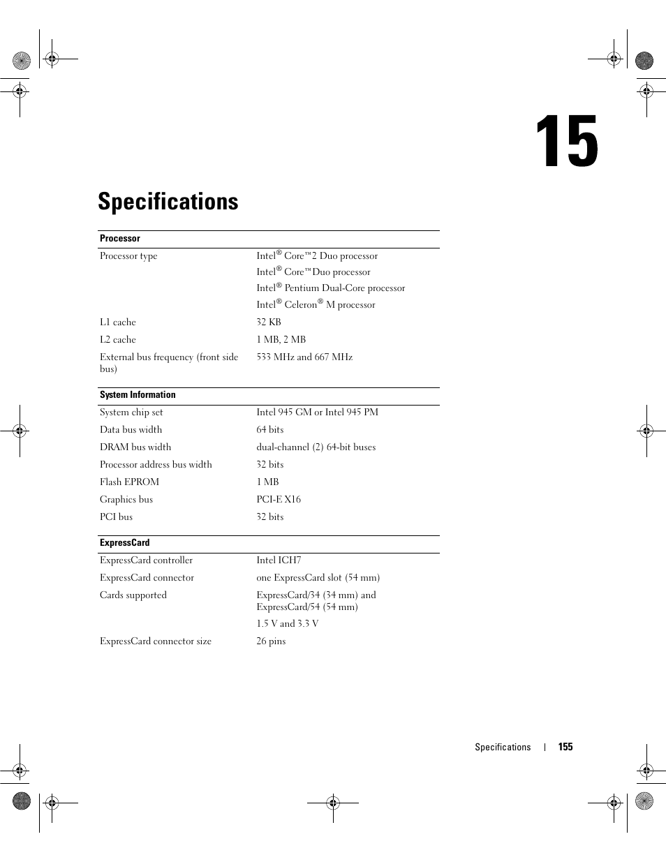 Specifications | Dell Inspiron 6400 User Manual | Page 155 / 186