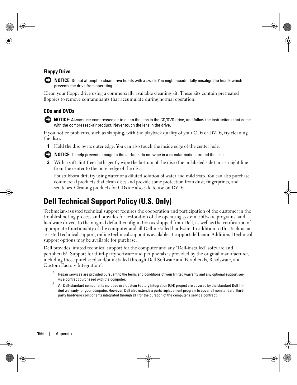 Floppy drive, Cds and dvds, Dell technical support policy (u.s. only) | Dell Inspiron 6400 User Manual | Page 166 / 186
