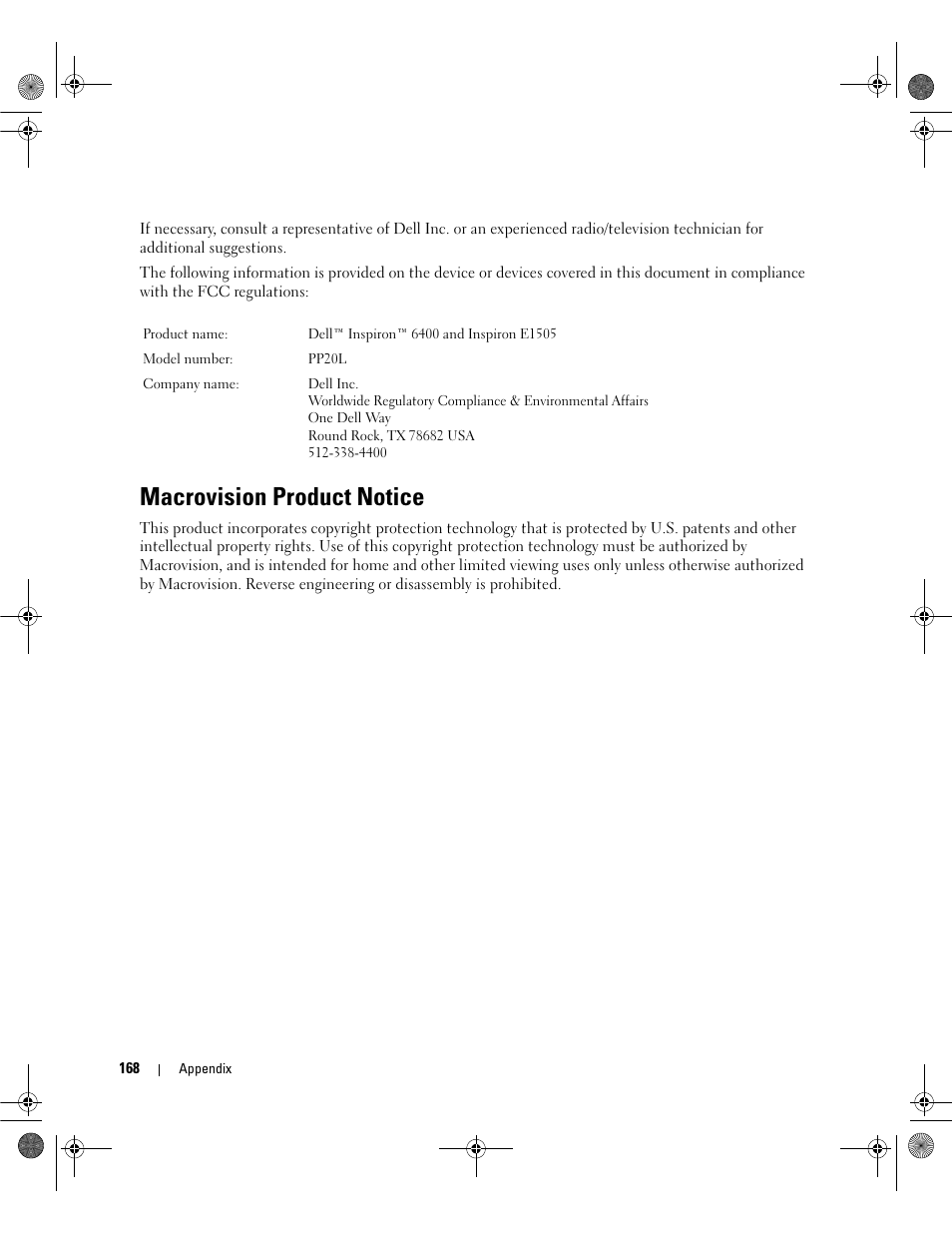 Macrovision product notice | Dell Inspiron 6400 User Manual | Page 168 / 186