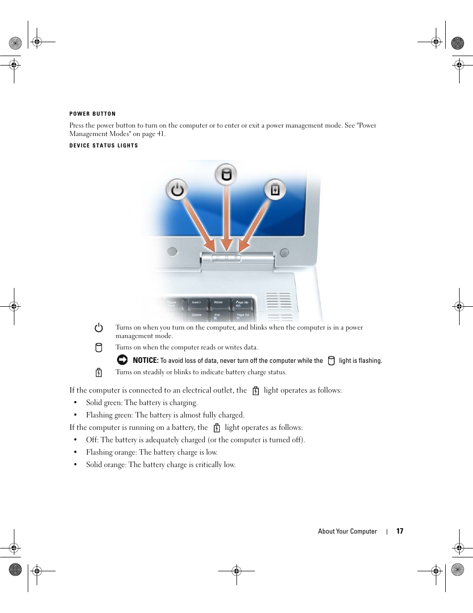 Power button, Device status lights | Dell Inspiron 6400 User Manual | Page 17 / 186