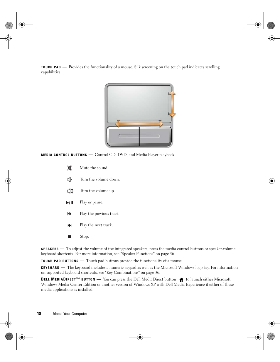 Touch pad, Keyboard, Media control buttons | Speakers (2), Touch pad buttons | Dell Inspiron 6400 User Manual | Page 18 / 186