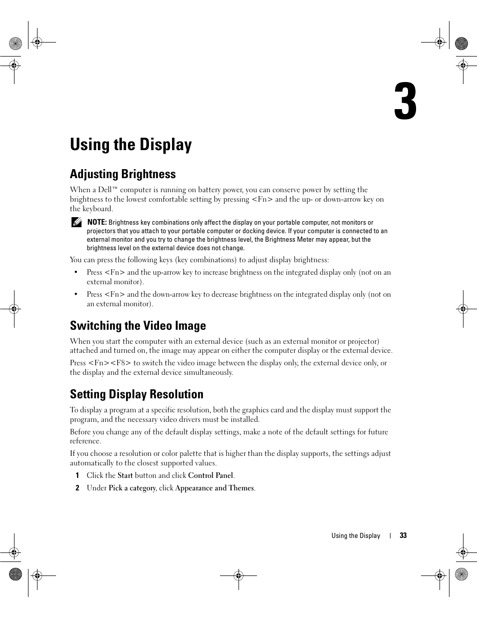 Using the display, Adjusting brightness, Switching the video image | Setting display resolution | Dell Inspiron 6400 User Manual | Page 33 / 186