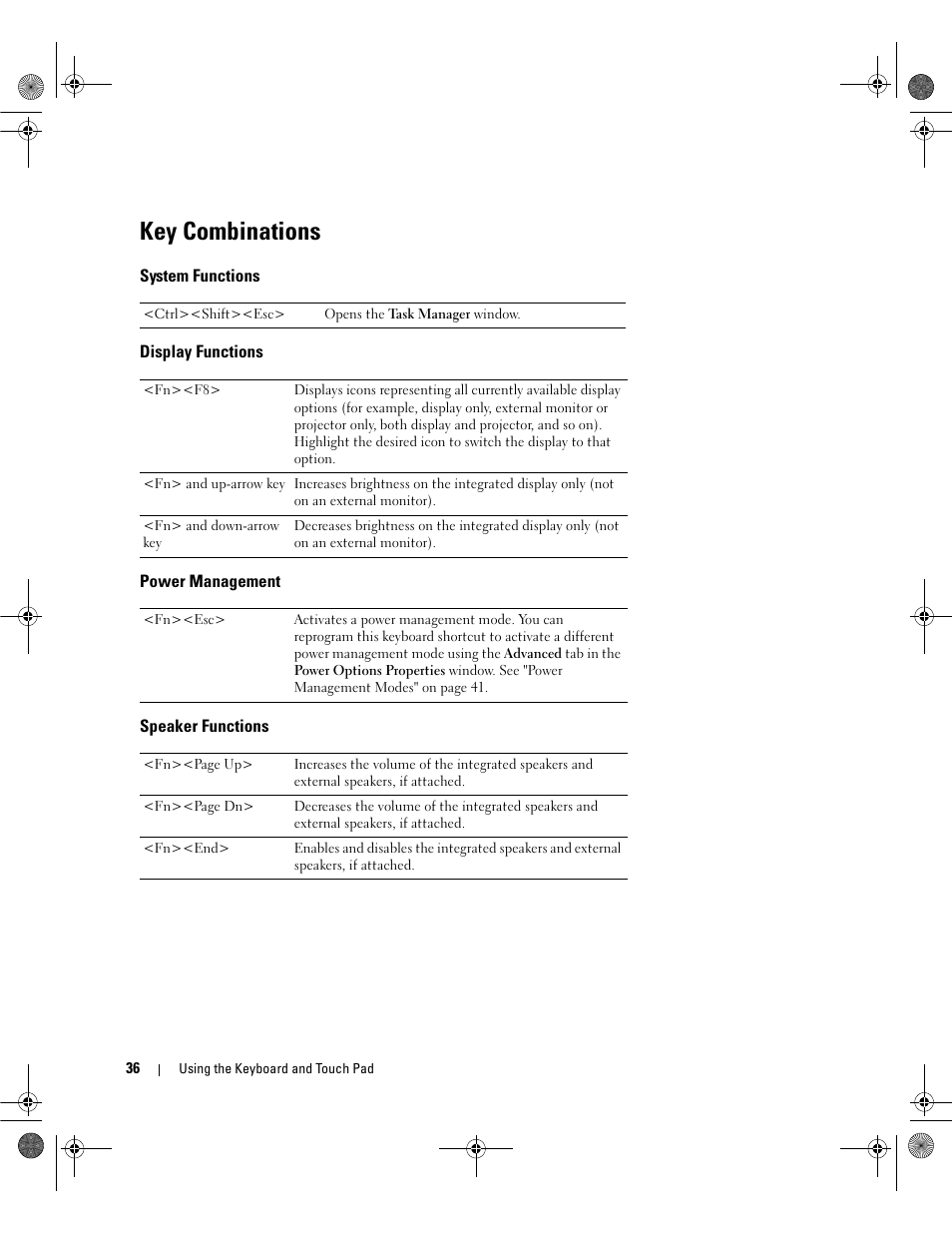 Key combinations, System functions, Display functions | Power management, Speaker functions | Dell Inspiron 6400 User Manual | Page 36 / 186