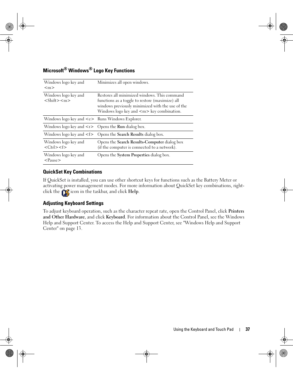 Microsoft® windows® logo key functions, Quickset key combinations, Adjusting keyboard settings | Microsoft | Dell Inspiron 6400 User Manual | Page 37 / 186