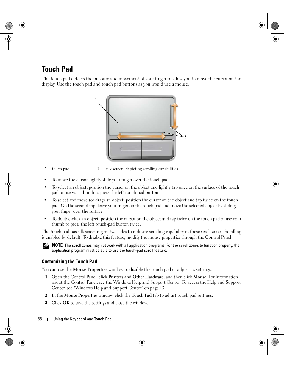 Touch pad, Customizing the touch pad | Dell Inspiron 6400 User Manual | Page 38 / 186