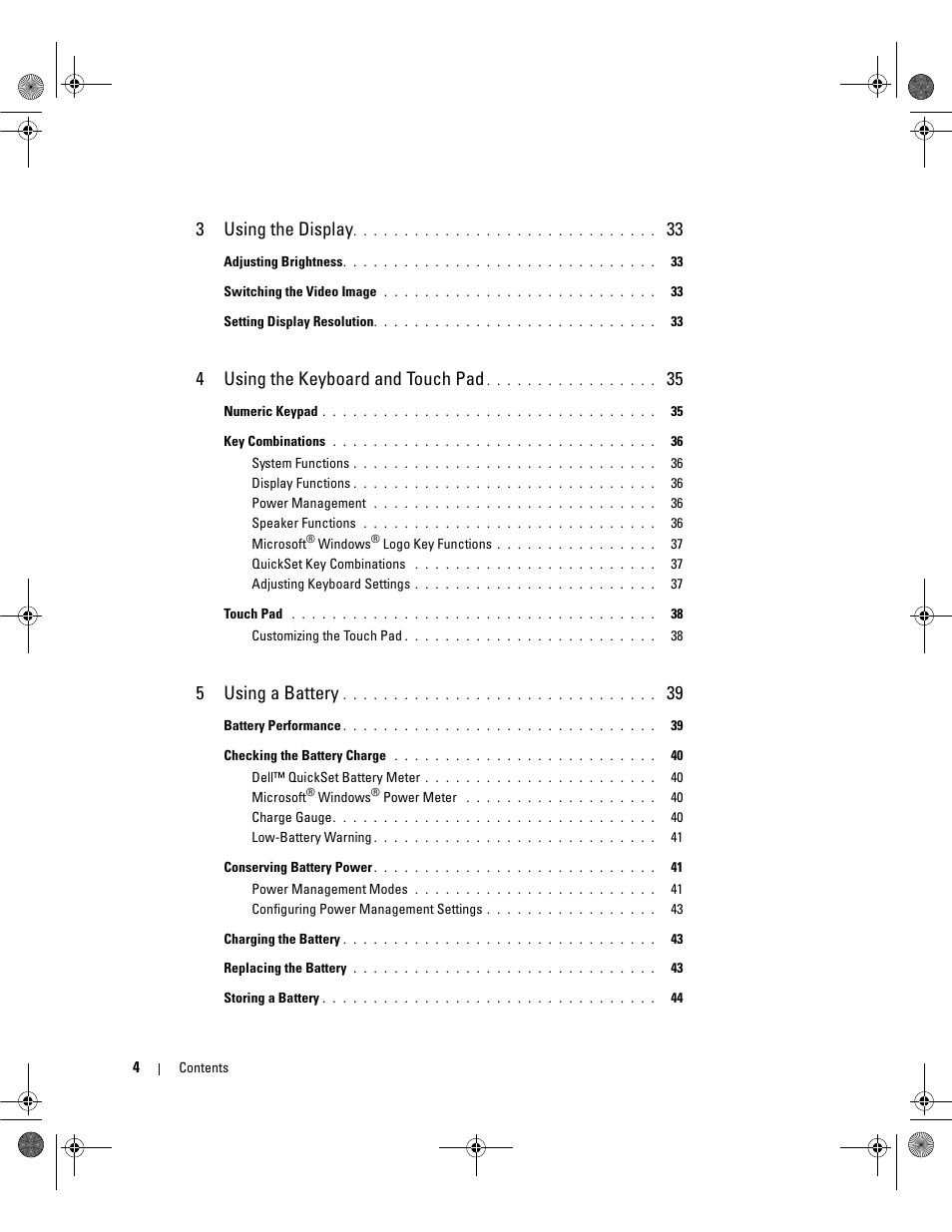 3using the display, 4using the keyboard and touch pad, 5using a battery | Dell Inspiron 6400 User Manual | Page 4 / 186
