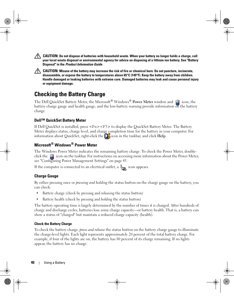 Checking the battery charge, Dell™ quickset battery meter, Microsoft® windows® power meter | Charge gauge, Microsoft, Ge status. see "checking the battery charge | Dell Inspiron 6400 User Manual | Page 40 / 186