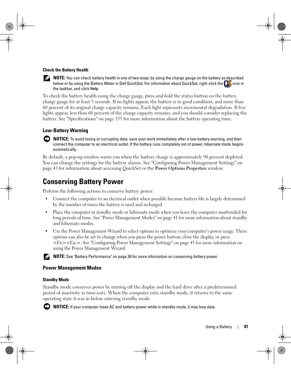 Low-battery warning, Conserving battery power, Power management modes | Dell Inspiron 6400 User Manual | Page 41 / 186