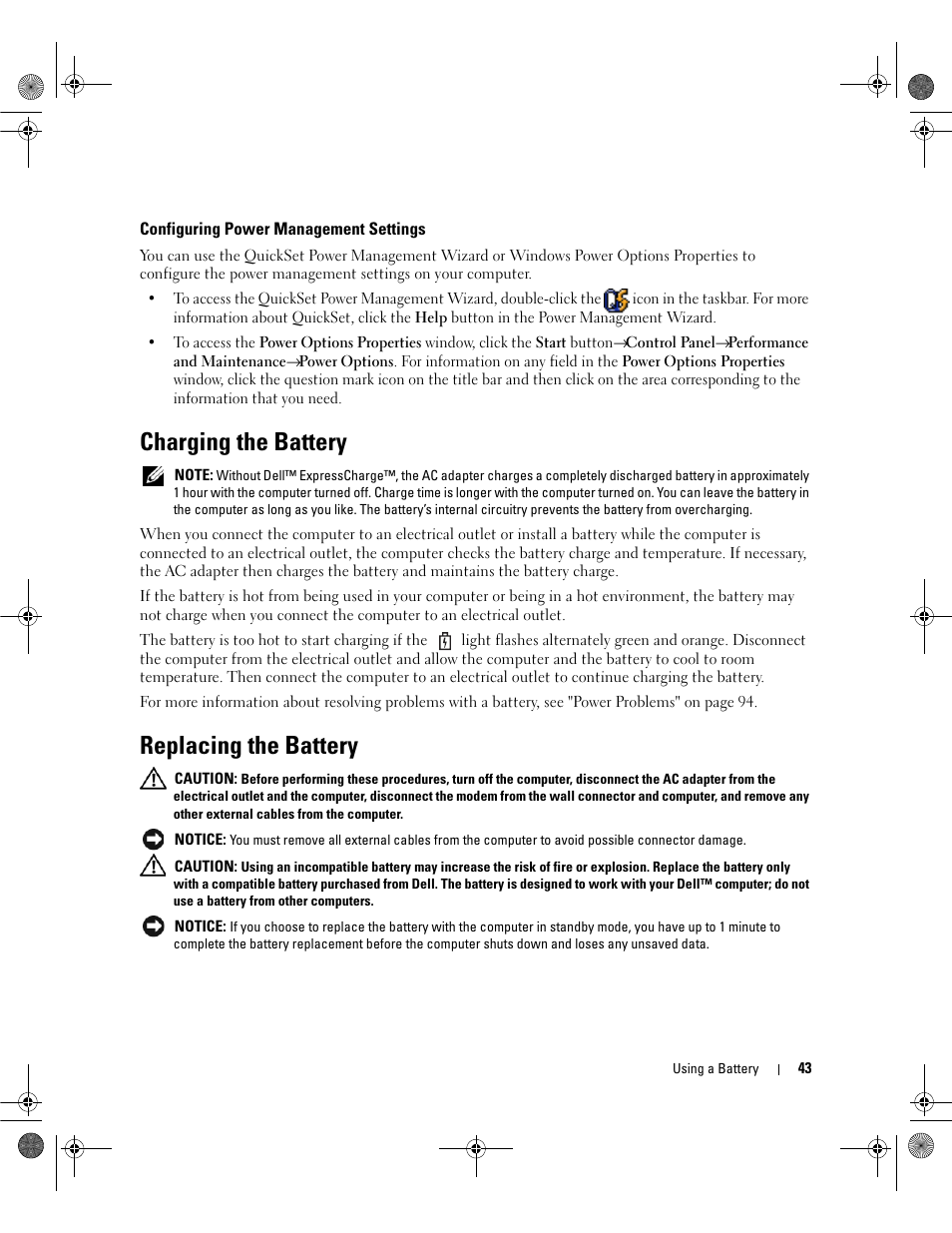 Configuring power management settings, Charging the battery, Replacing the battery | Dell Inspiron 6400 User Manual | Page 43 / 186