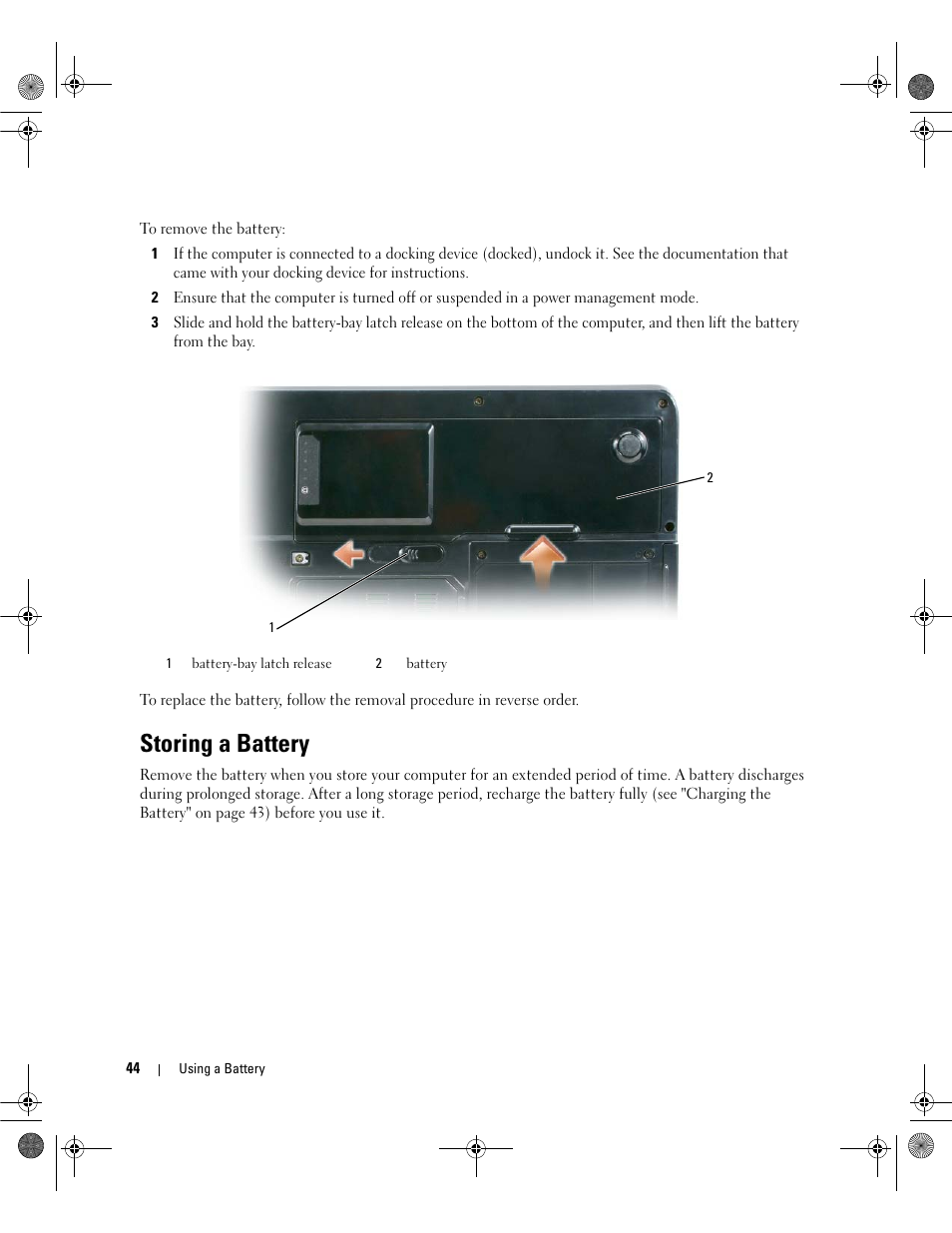 Storing a battery | Dell Inspiron 6400 User Manual | Page 44 / 186