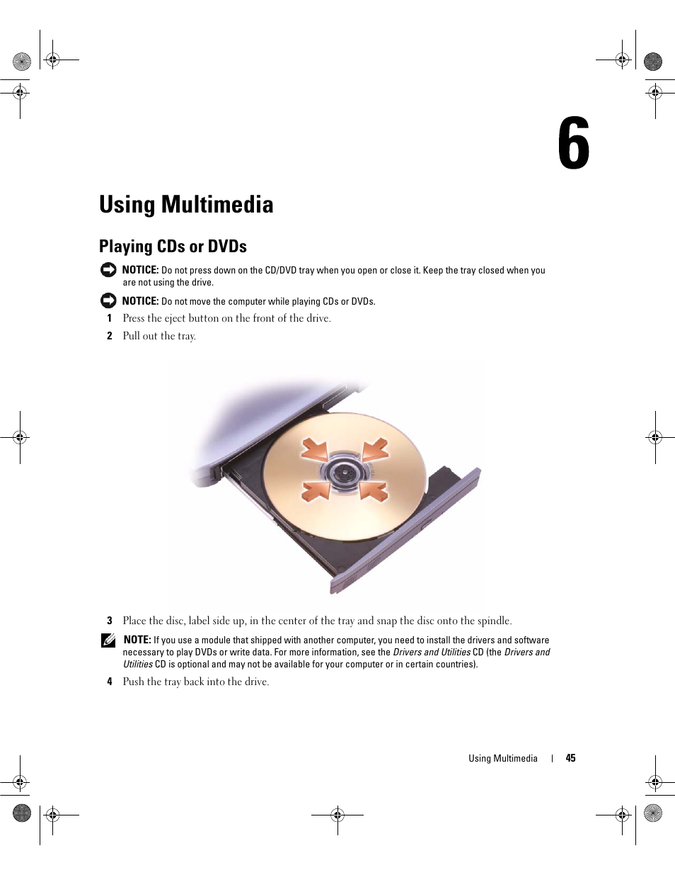 Using multimedia, Playing cds or dvds | Dell Inspiron 6400 User Manual | Page 45 / 186