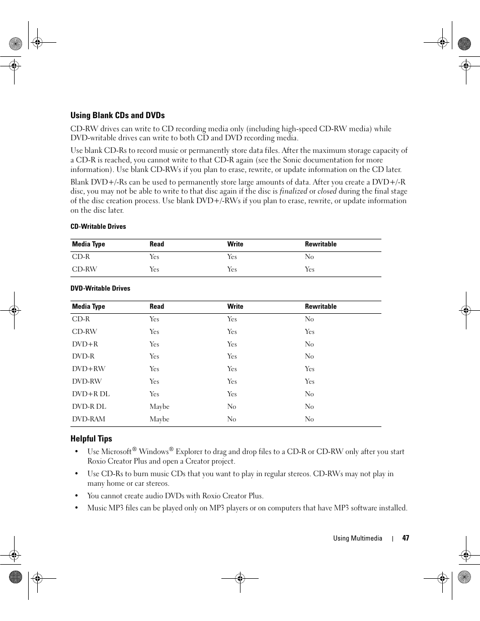 Using blank cds and dvds, Helpful tips | Dell Inspiron 6400 User Manual | Page 47 / 186