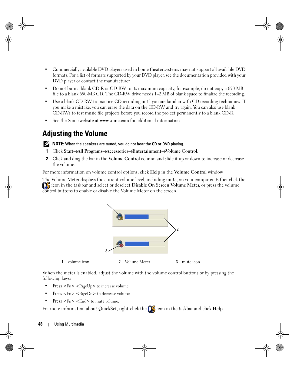 Adjusting the volume | Dell Inspiron 6400 User Manual | Page 48 / 186