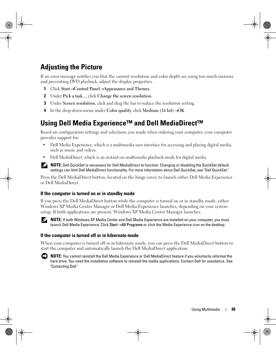 Adjusting the picture, Using dell media experience™ and dell mediadirect, If the computer is turned on or in standby mode | If the computer is turned off or in hibernate mode | Dell Inspiron 6400 User Manual | Page 49 / 186