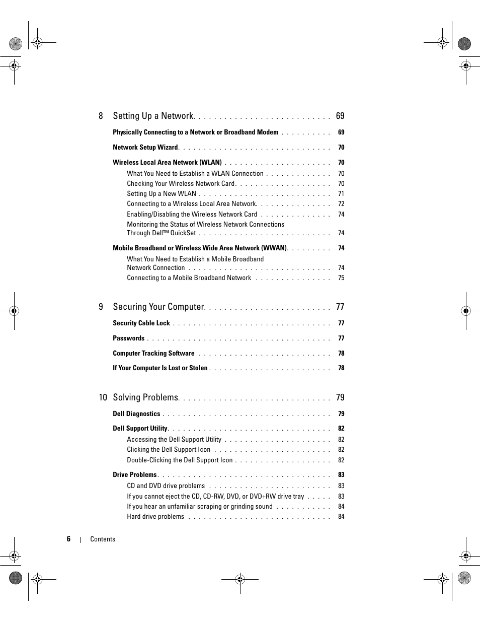 8setting up a network, 9securing your computer, 10 solving problems | Dell Inspiron 6400 User Manual | Page 6 / 186