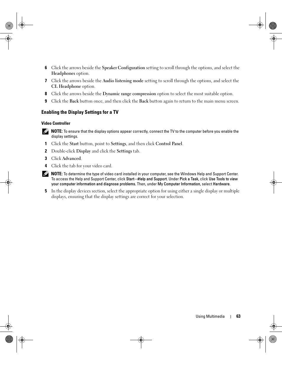 Enabling the display settings for a tv | Dell Inspiron 6400 User Manual | Page 63 / 186