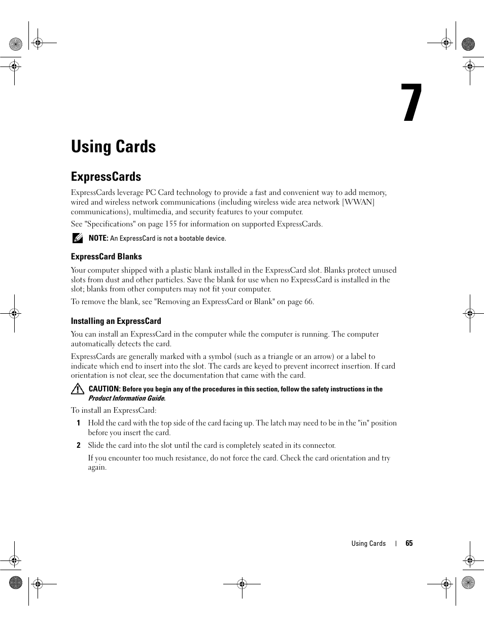 Using cards, Expresscards, Expresscard blanks | Installing an expresscard | Dell Inspiron 6400 User Manual | Page 65 / 186
