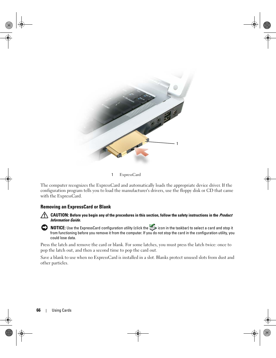 Removing an expresscard or blank | Dell Inspiron 6400 User Manual | Page 66 / 186