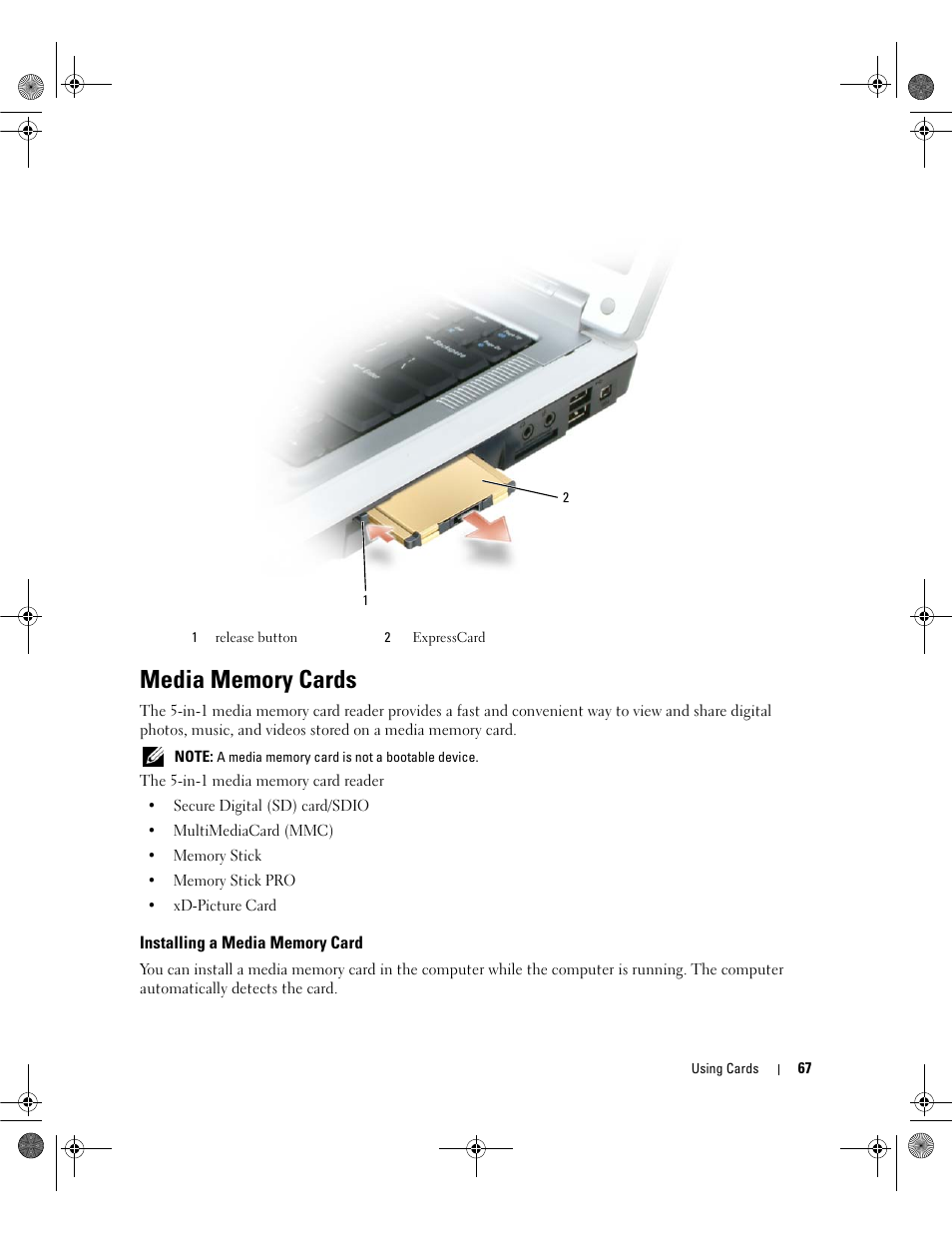 Media memory cards, Installing a media memory card | Dell Inspiron 6400 User Manual | Page 67 / 186