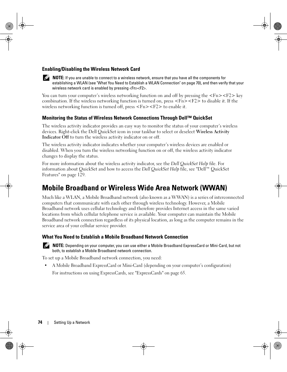 Enabling/disabling the wireless network card | Dell Inspiron 6400 User Manual | Page 74 / 186