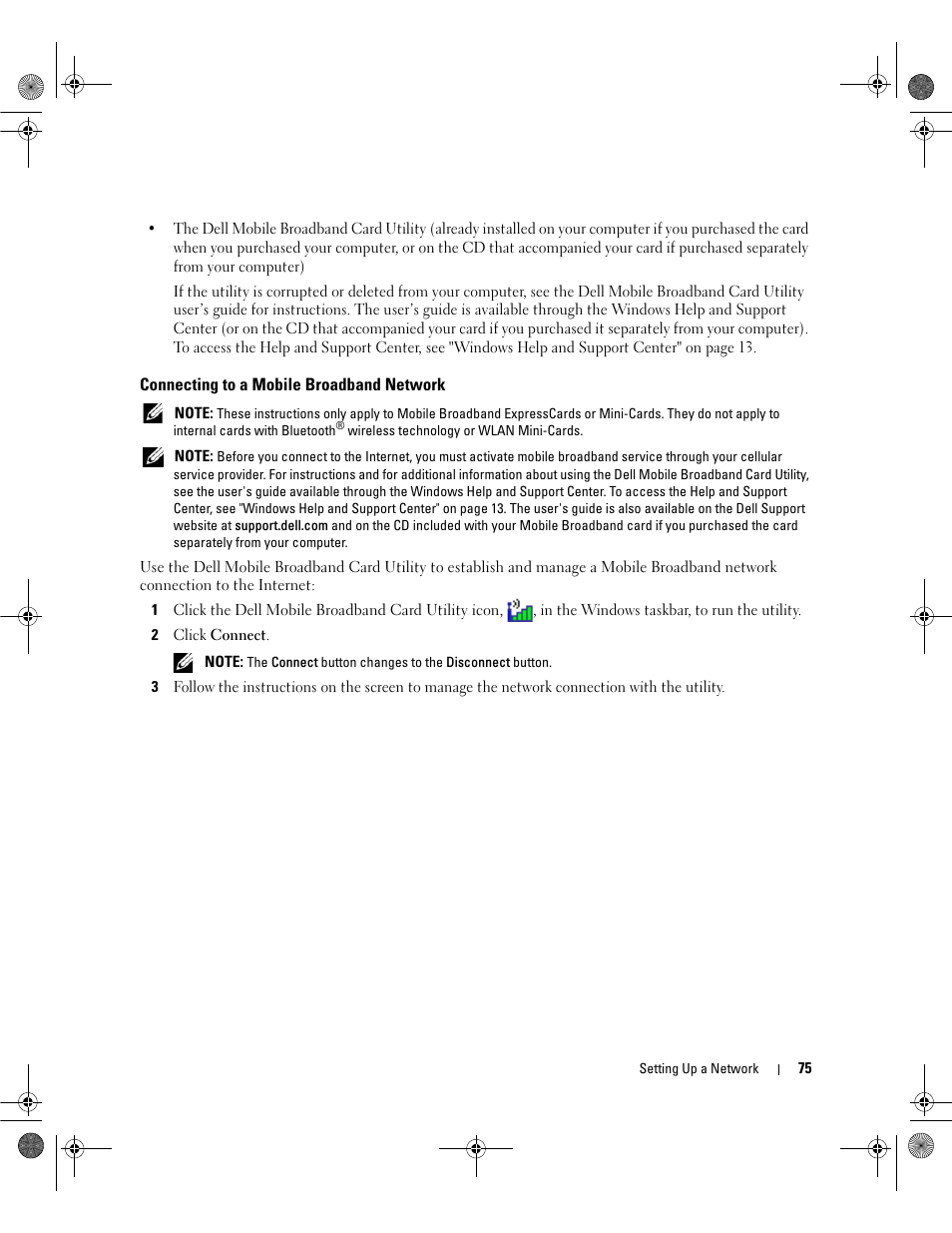 Connecting to a mobile broadband network | Dell Inspiron 6400 User Manual | Page 75 / 186