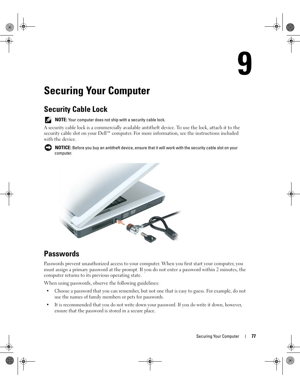 Securing your computer, Security cable lock, Passwords | Dell Inspiron 6400 User Manual | Page 77 / 186