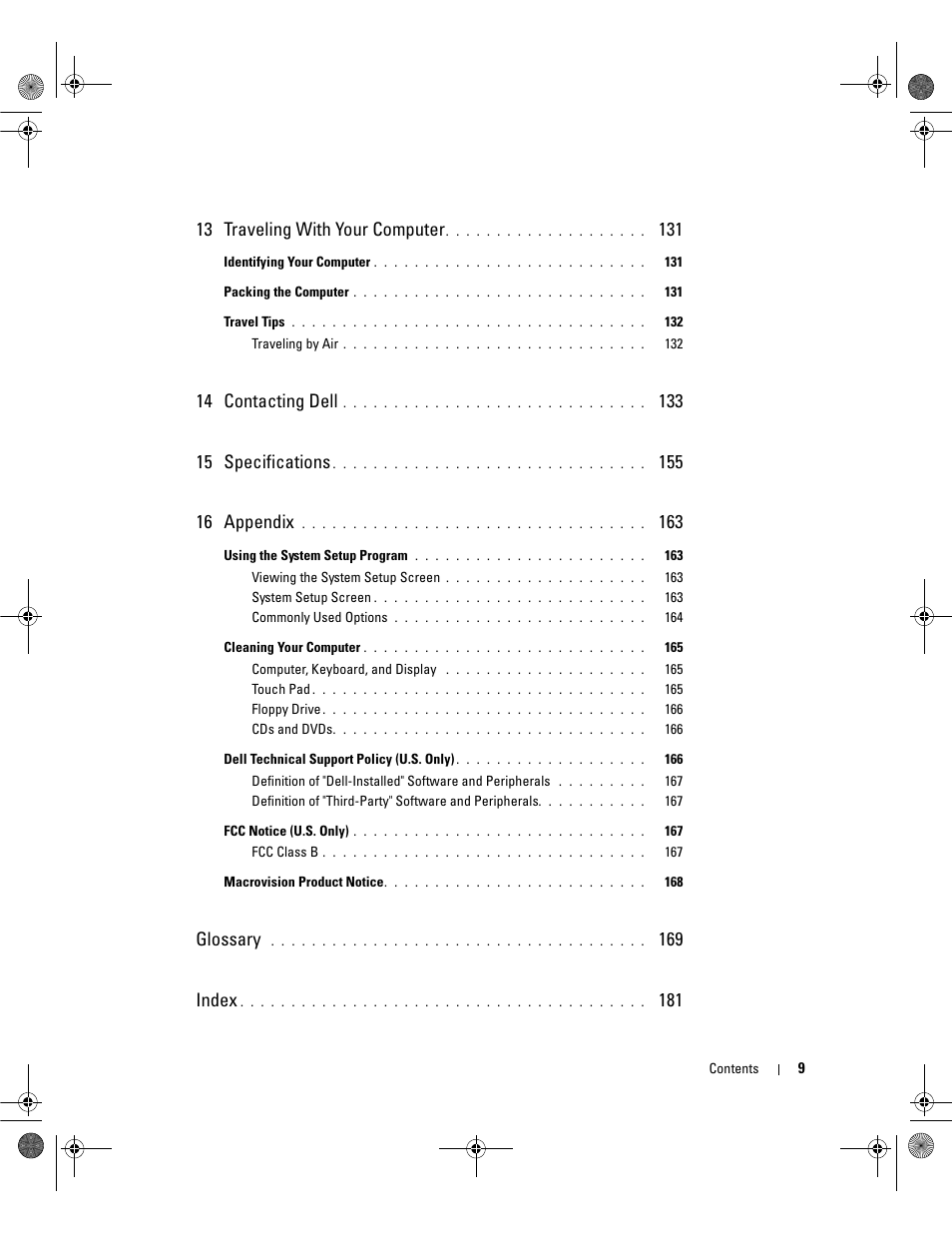 13 traveling with your computer, 14 contacting dell, Glossary | 169 index | Dell Inspiron 6400 User Manual | Page 9 / 186