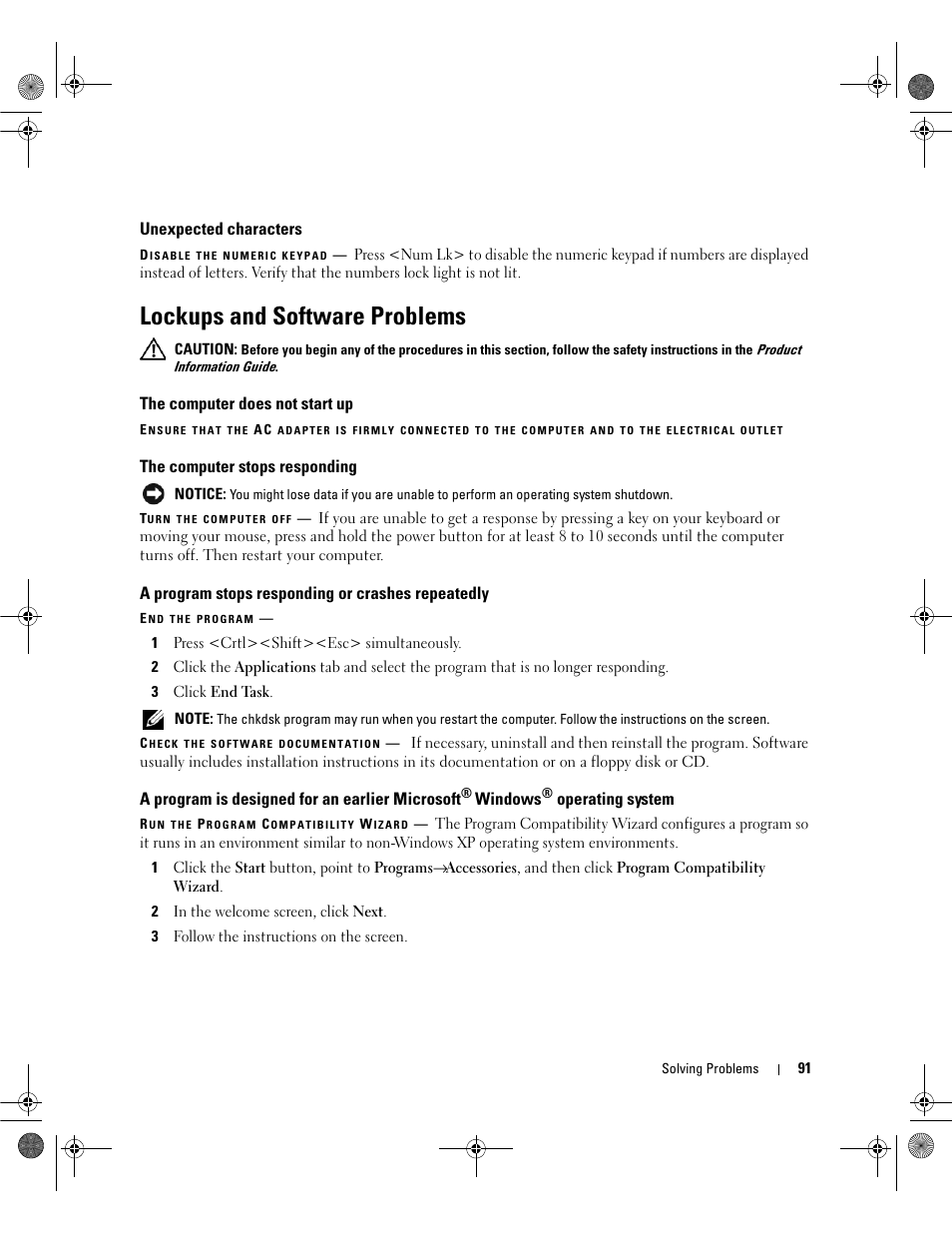 Unexpected characters, Lockups and software problems, The computer does not start up | The computer stops responding, A program stops responding or crashes repeatedly, A program is designed for an earlier microsoft, Windows, Operating system | Dell Inspiron 6400 User Manual | Page 91 / 186